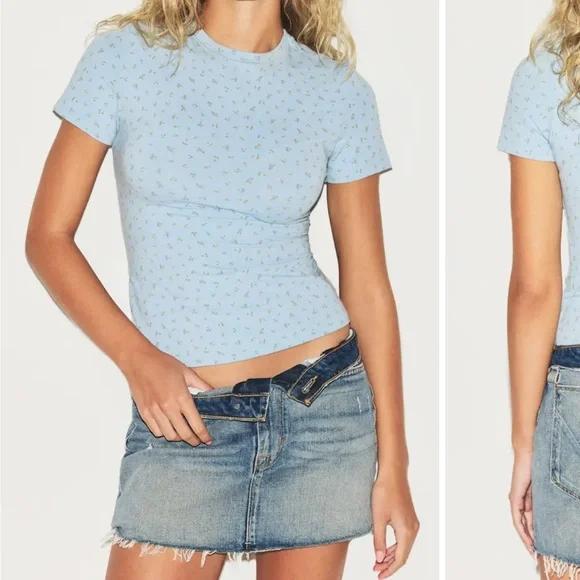Skims Powder Blue Micro Floral Women's T shirt - Picture 1 of 5
